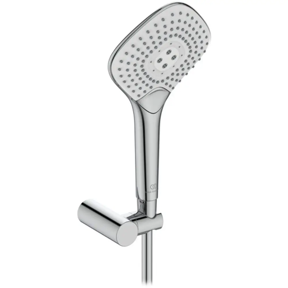 Handbrause von Ideal Standard in chromfarbener Ausführung, mit abgerundeter Form und mehreren Düsen zur Einstellung unterschiedlicher Wasserstrahlfunktionen.